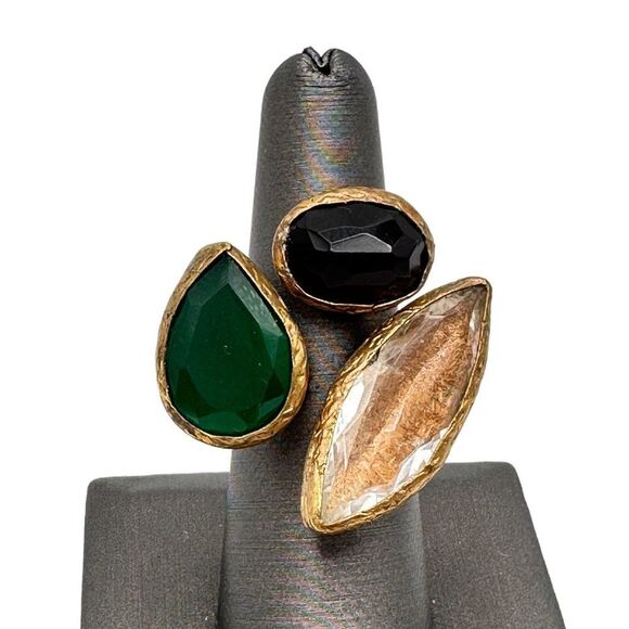 Triple Gemstone Cluster Cocktail Ring Statement Ring Brass - Picture 1 of 8